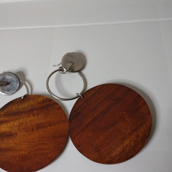 Very Large Wood And Metal Dangle Earrings - Picture 10 of 16